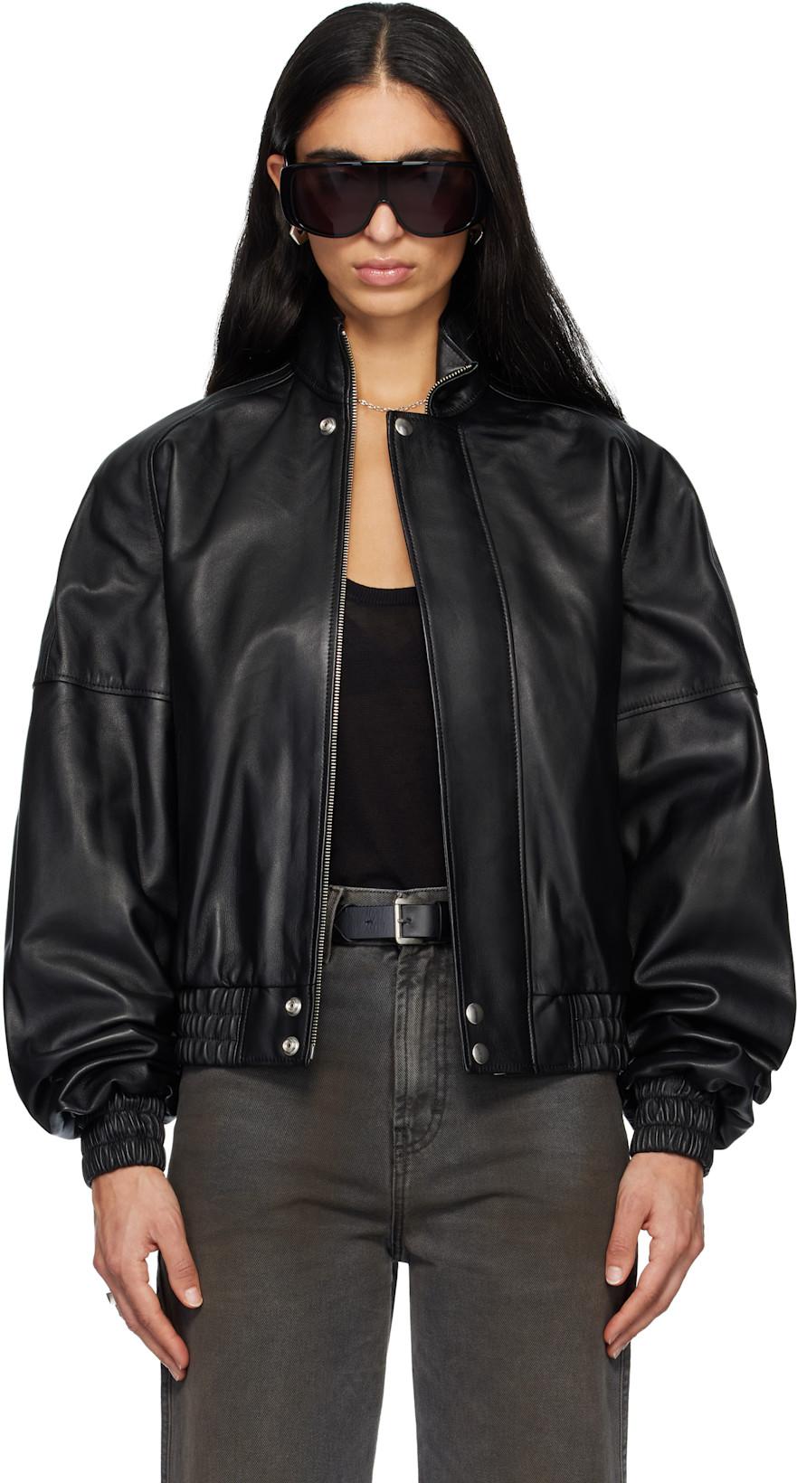 Black Blouson Leather Jacket by LU'U DAN