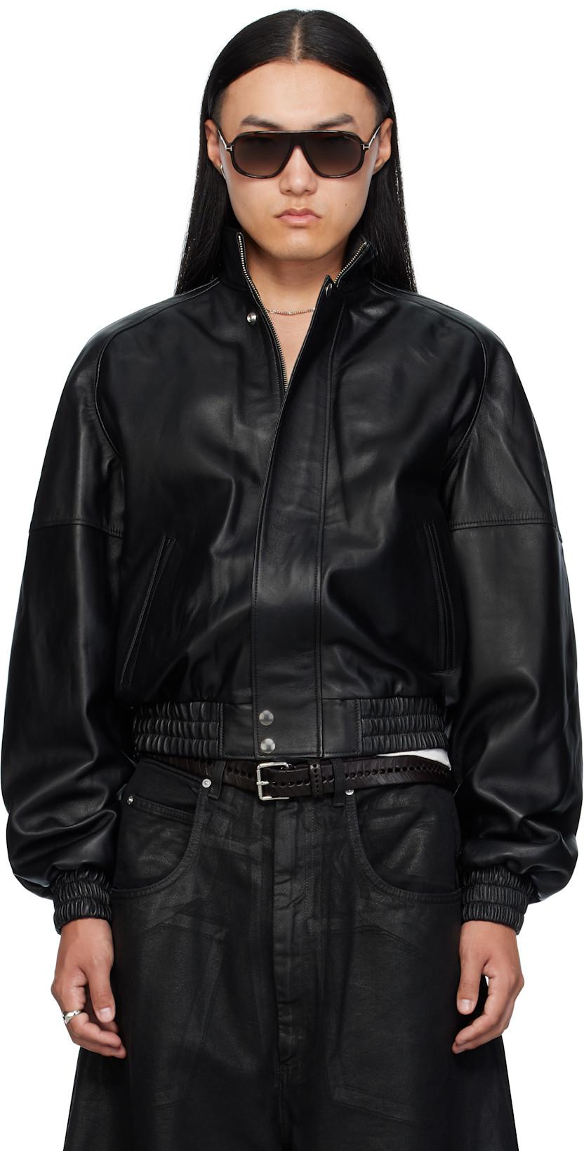 Black Blouson Leather Jacket by LU'U DAN