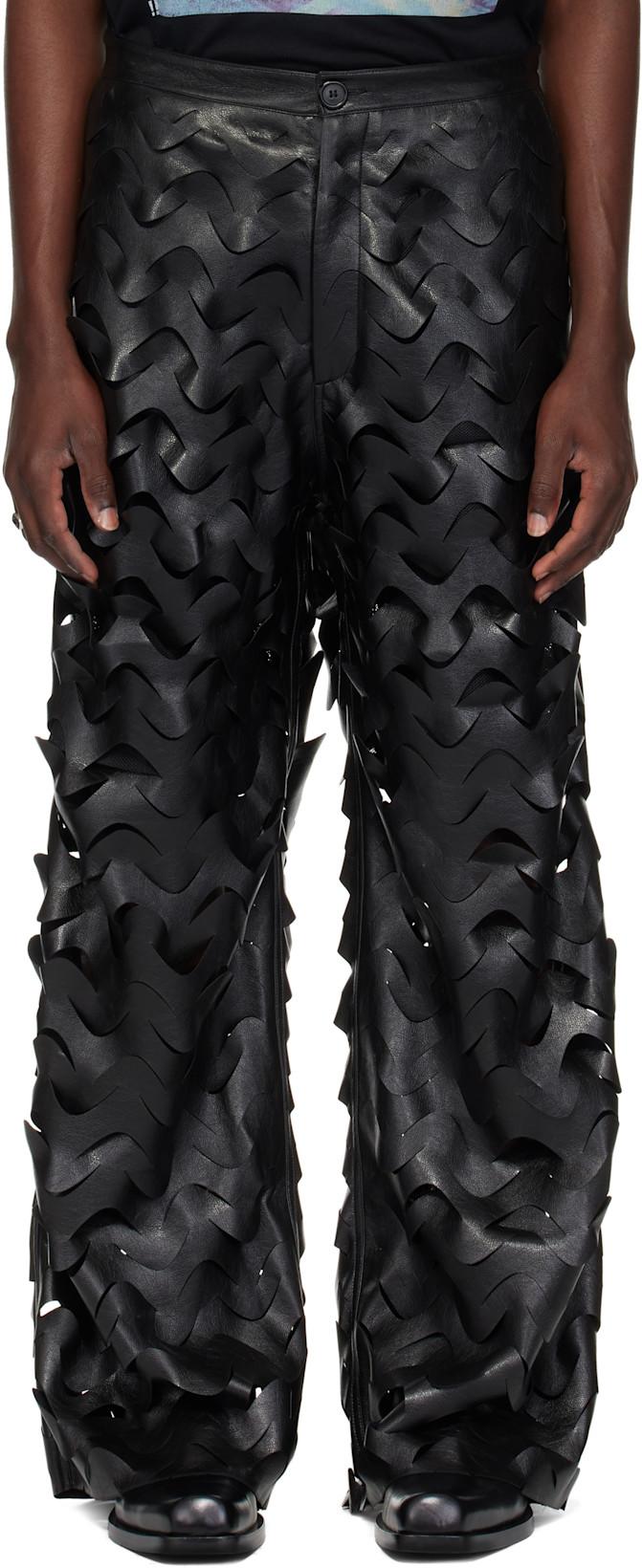 Black Laser Cut Wide-Leg Faux-Leather Pants by LU'U DAN