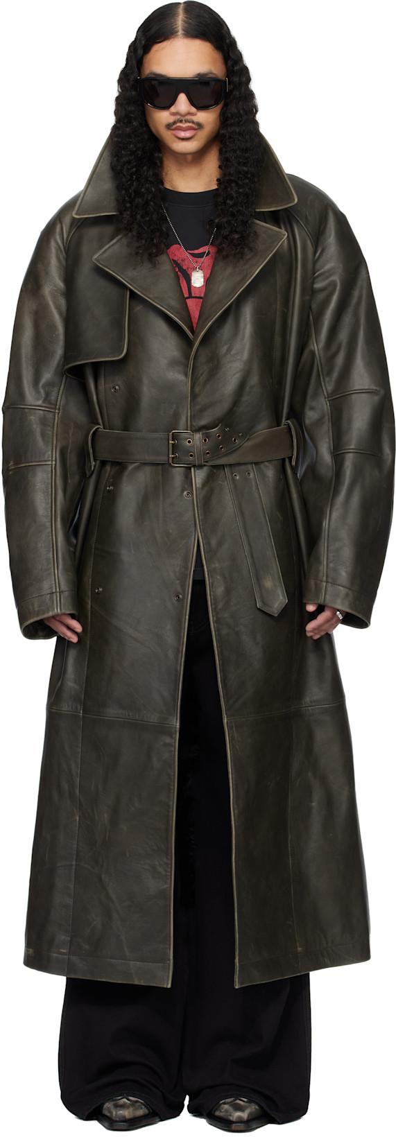 Khaki Bastard Military Leather Trench Coat by LU'U DAN