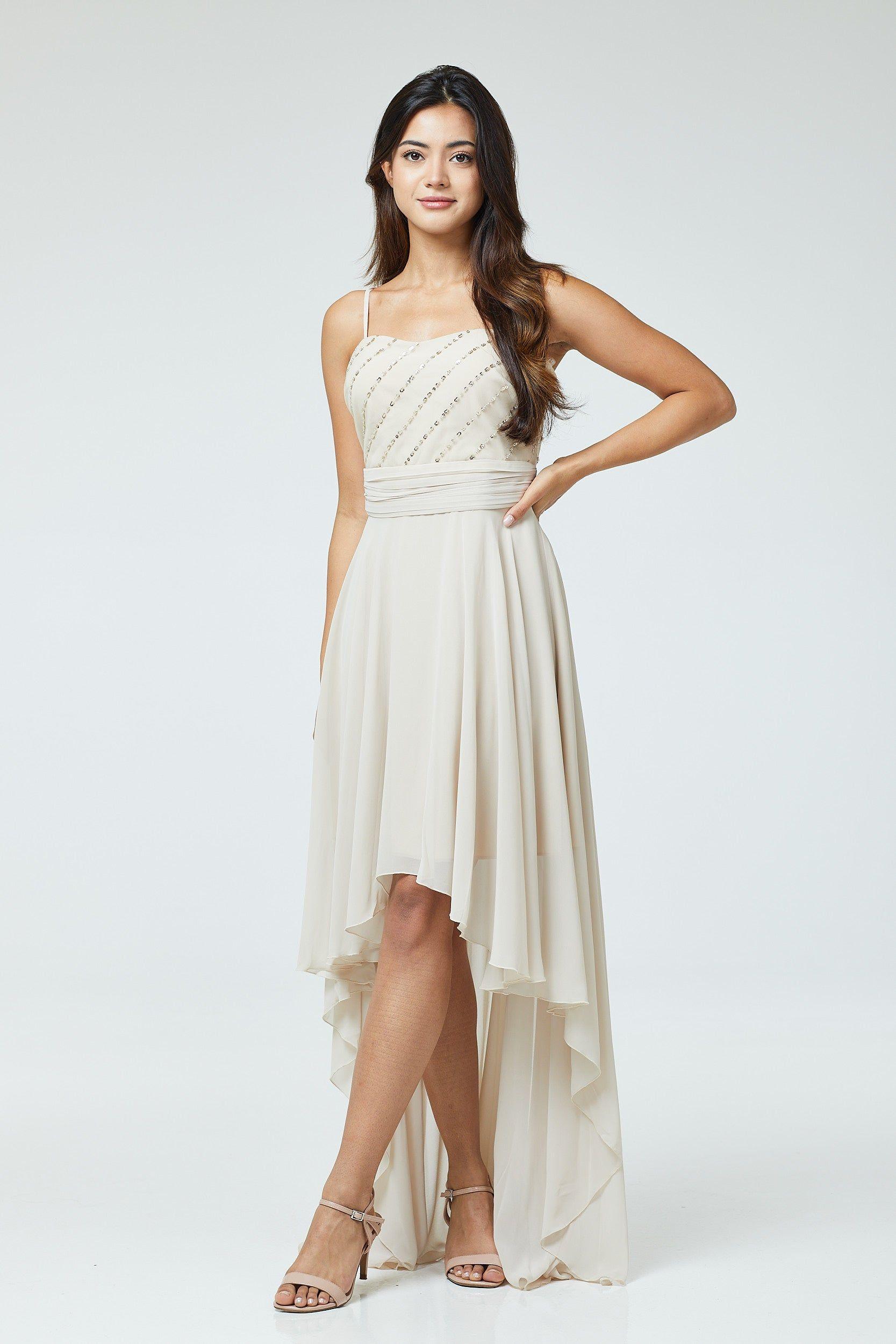 Nude Sequin Asymmetric Long Dress by LUVFOREVER FASHION