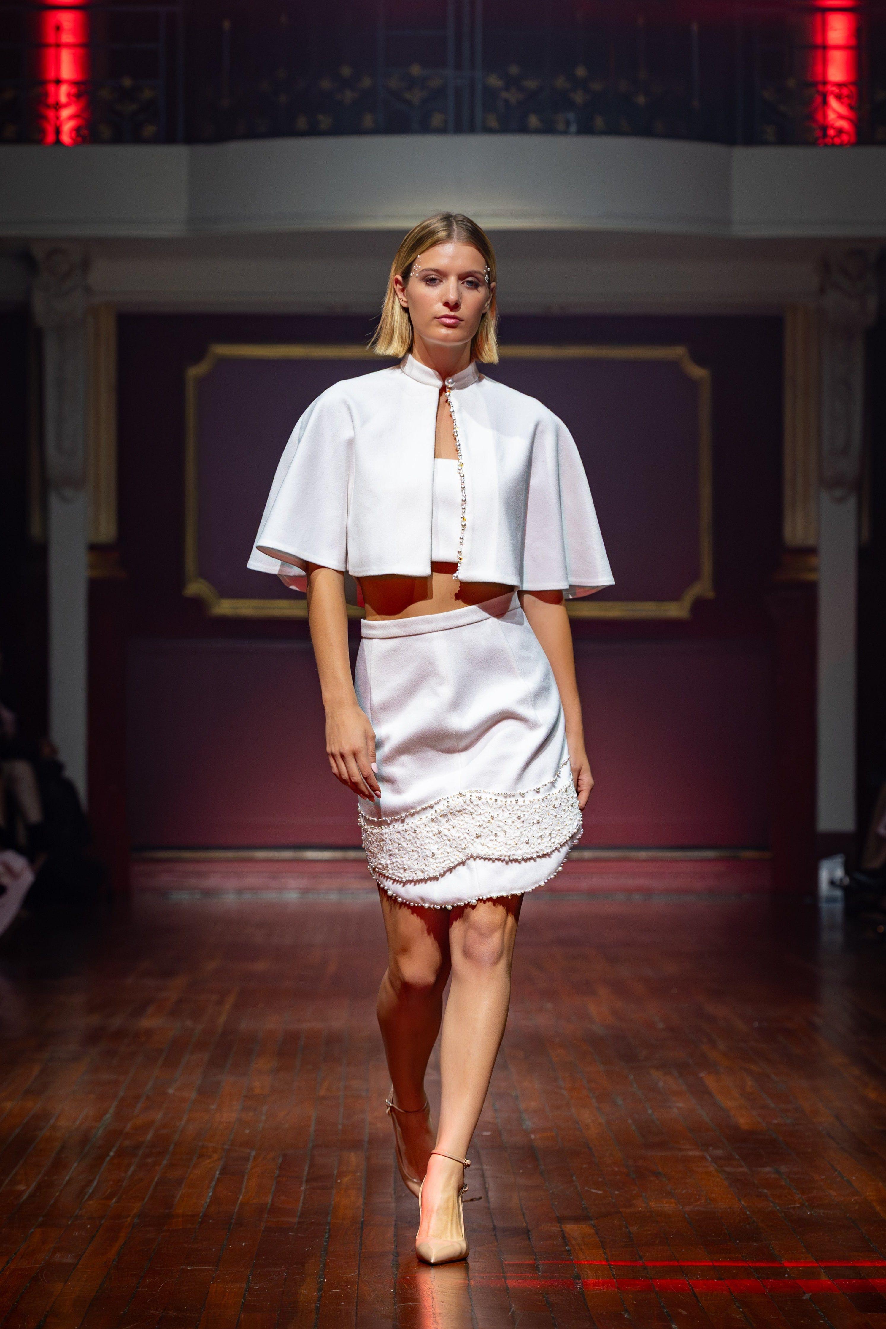 Ophira - White Mini Skirt Cape Suit by LUVFOREVER FASHION Ophira - White Mini Skirt Cape Suit by LUVFOREVER FASHION