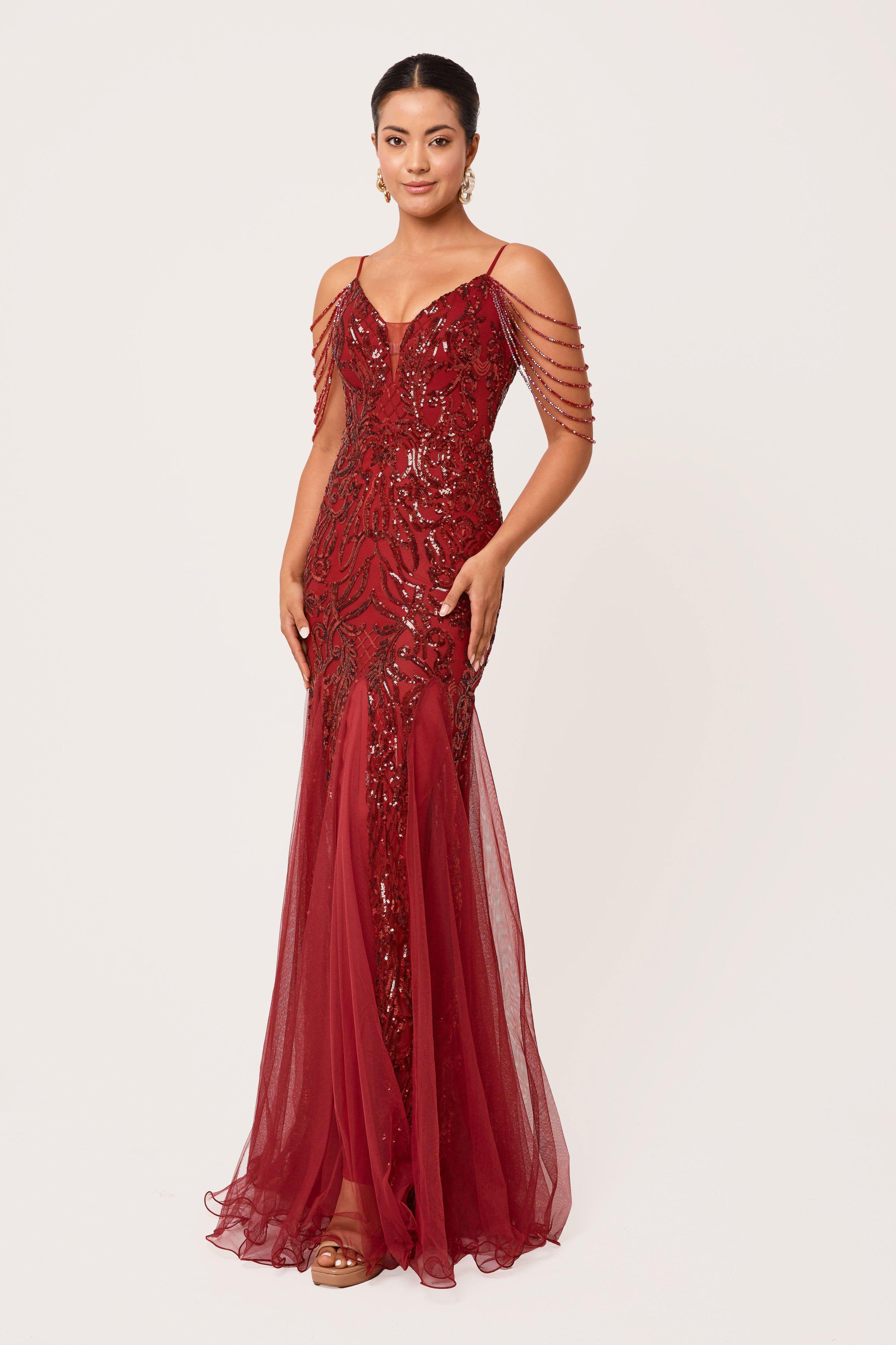 Vinora - Wine Sequin Maxi Dress by LUVFOREVER FASHION