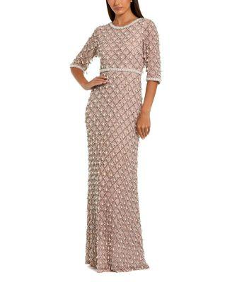 3/4 Sleeve Faux Pearl Embellished Mesh Gown by MAC DUGGAL