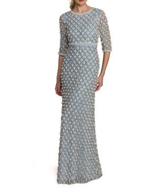3/4 Sleeve Faux Pearl Embellished Mesh Gown by MAC DUGGAL