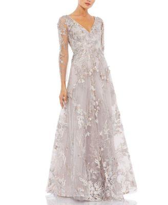 Appliqued Illusion Long Sleeve A Line Gown by MAC DUGGAL