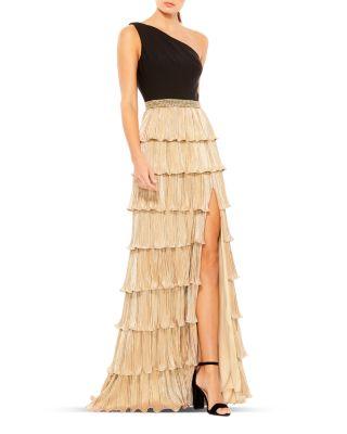 Asymmetric Metallic Tiered Gown by MAC DUGGAL