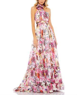 Asymmetrical Ruffled Halter Floral Gown by MAC DUGGAL
