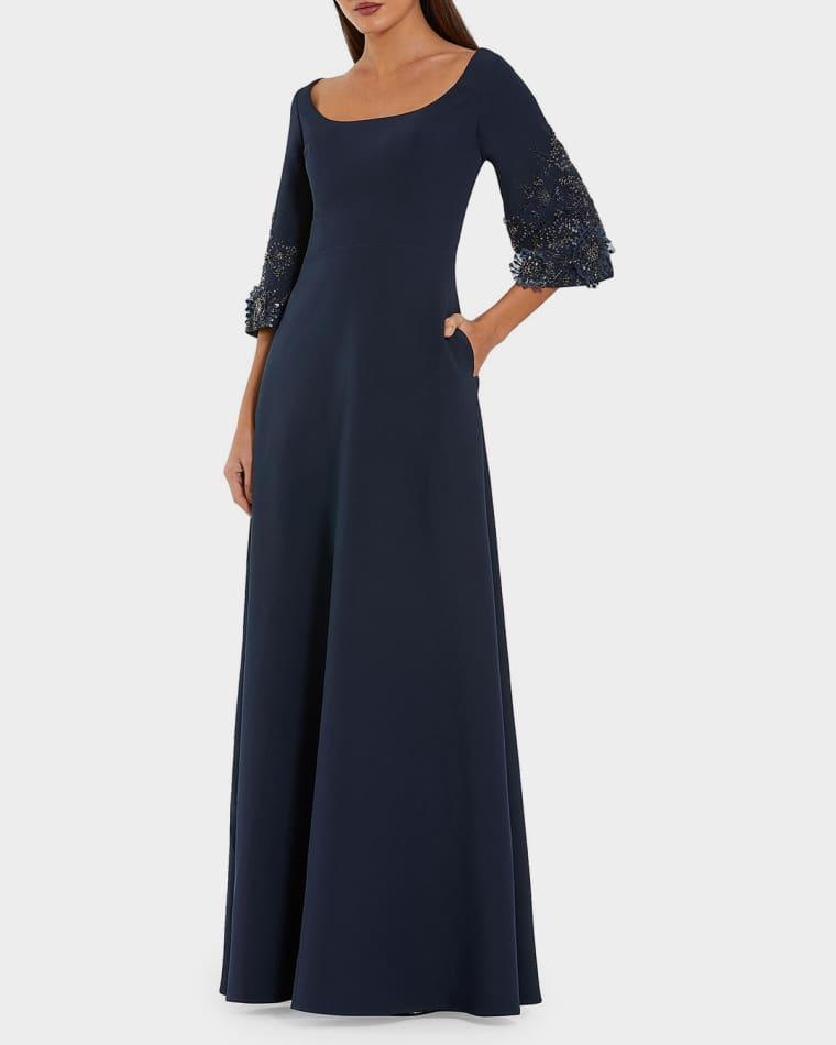 Beaded Bell-Sleeve Crepe Gown by MAC DUGGAL