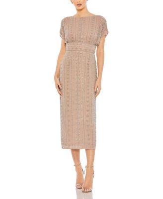 Beaded Cap Sleeve Column Midi Dress by MAC DUGGAL