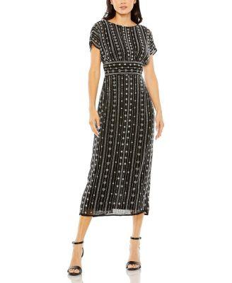 Beaded Cap Sleeve Column Midi Dress by MAC DUGGAL