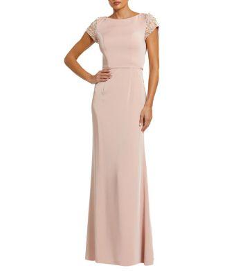 Beaded Cap Sleeve Satin Column Evening Gown by MAC DUGGAL