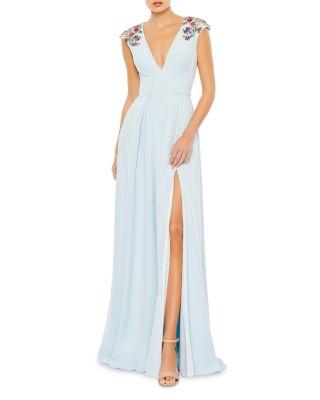 Beaded Cap Sleeve V Neck A Line Gown by MAC DUGGAL