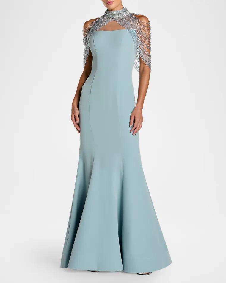 Beaded Capelet Crepe Mermaid Gown by MAC DUGGAL