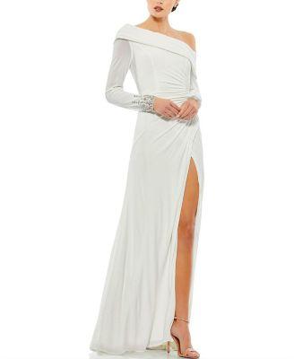 Beaded Cuff Drop Shoulder Faux Wrap Gown by MAC DUGGAL