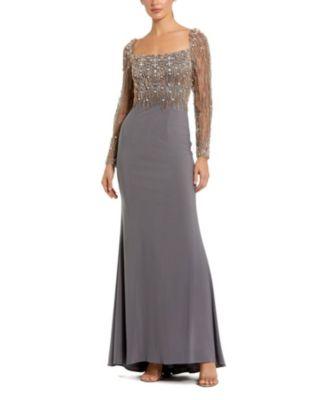 Beaded Embellished Square Neck Long Sleeve Jersey Gown by MAC DUGGAL