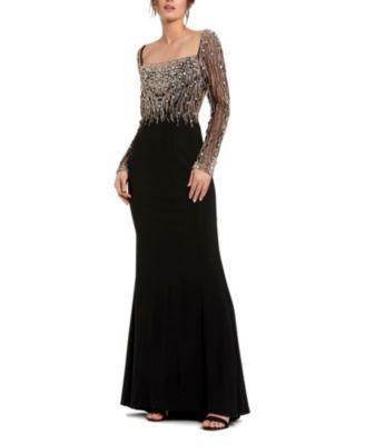 Beaded Embellished Square Neck Long Sleeve Jersey Gown by MAC DUGGAL