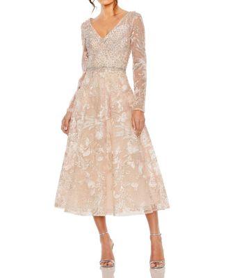Beaded Embroidered Long Sleeve V Neck Midi Dress by MAC DUGGAL