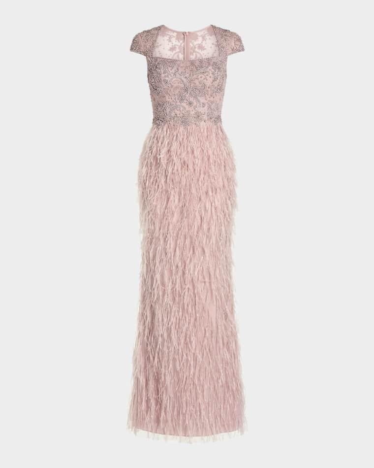 Beaded Feather-Trim Column Gown by MAC DUGGAL