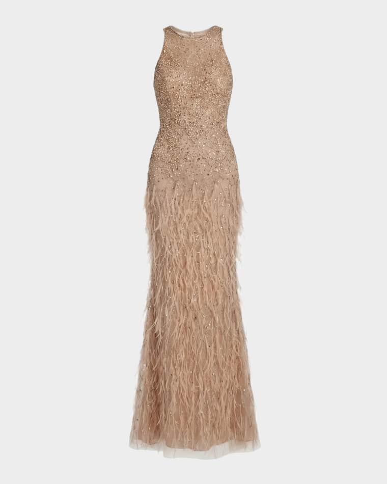 Beaded Feather-Trimmed Gown by MAC DUGGAL
