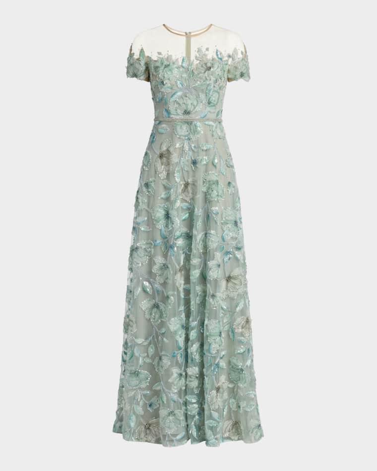 Beaded Floral Applique Illusion Gown by MAC DUGGAL