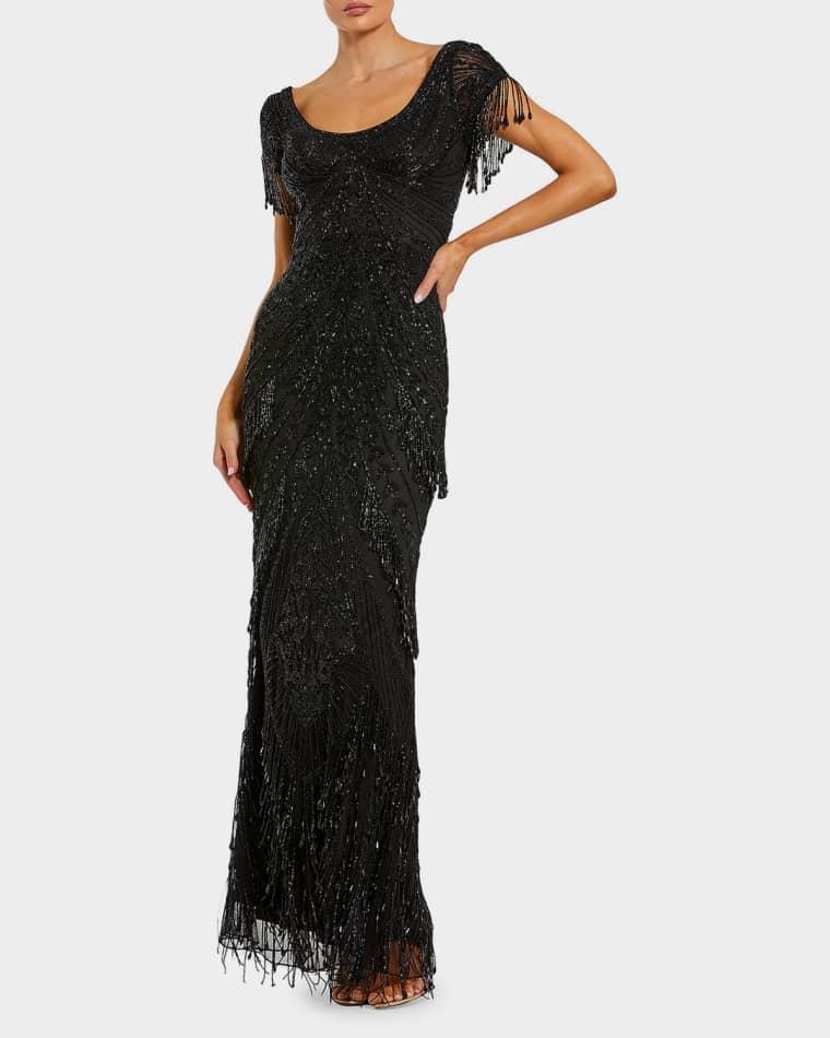 Beaded Fringe Column Gown by MAC DUGGAL