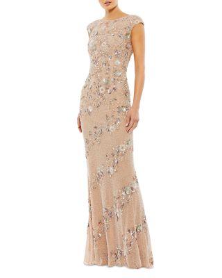 Beaded High Neck Cap Sleeve Column Gown by MAC DUGGAL