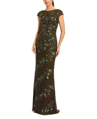 Beaded High Neck Cap Sleeve Column Gown by MAC DUGGAL