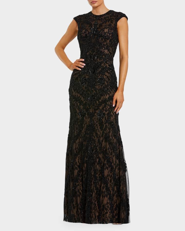 Beaded Lace Cap-Sleeve Column Gown by MAC DUGGAL