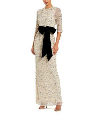 Beaded Mesh 3/4 Sleeve Column Gown With Bow Belt by MAC DUGGAL