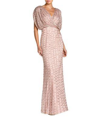 Beaded Mesh Blouson V Neck Column Gown by MAC DUGGAL