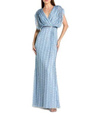 Beaded Mesh Blouson V Neck Column Gown by MAC DUGGAL