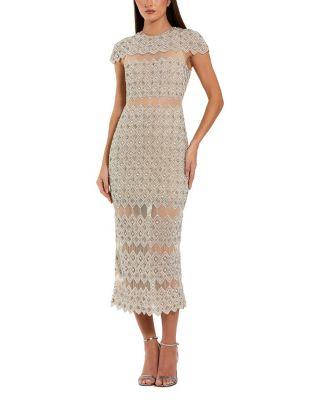 Beaded Mesh Fitted Midi Dress with Sheer Panels by MAC DUGGAL