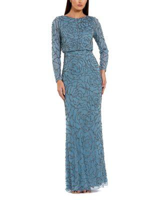 Beaded Mesh Long Sleeve Blouson Top Gown by MAC DUGGAL