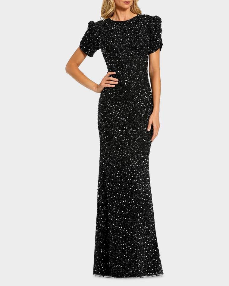 Beaded Mesh Short-Sleeve Gown by MAC DUGGAL