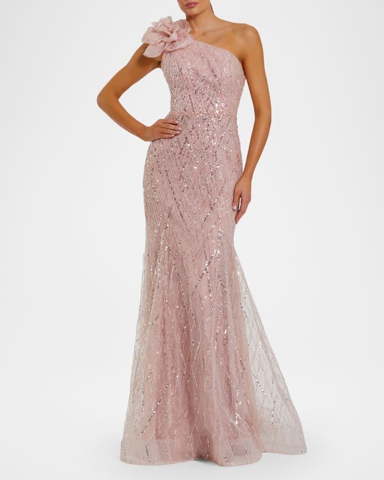 Beaded One-Shoulder Trumpet Gown by MAC DUGGAL