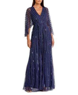 Beaded Striping Kimono Sleeve V Neck Gown by MAC DUGGAL