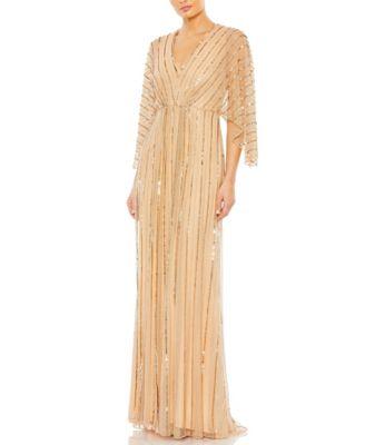Beaded Striping Kimono Sleeve V Neck Gown by MAC DUGGAL