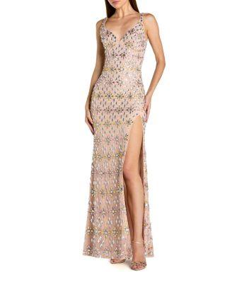 Beaded Sweetheart Neck Column Gown with Slit by MAC DUGGAL
