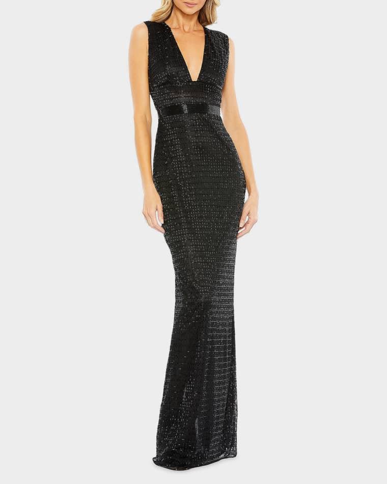 Beaded V-Neck Column Gown by MAC DUGGAL