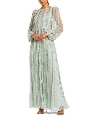 Boat Neck Long Sleeve Gown with Striped Beading by MAC DUGGAL
