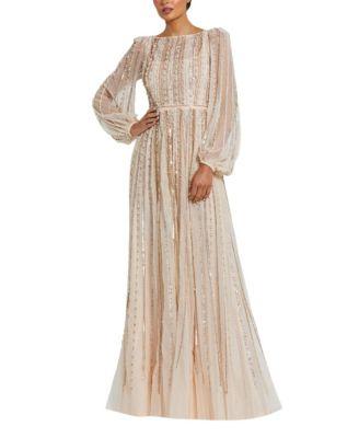 Boat Neck Long Sleeve Gown with Striped Beading by MAC DUGGAL