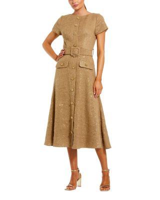 Boucle Cap Sleeve High Neck Button Up Midi Dress by MAC DUGGAL