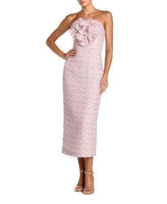 Boucle Strapless Midi Dress With 3D Flower by MAC DUGGAL
