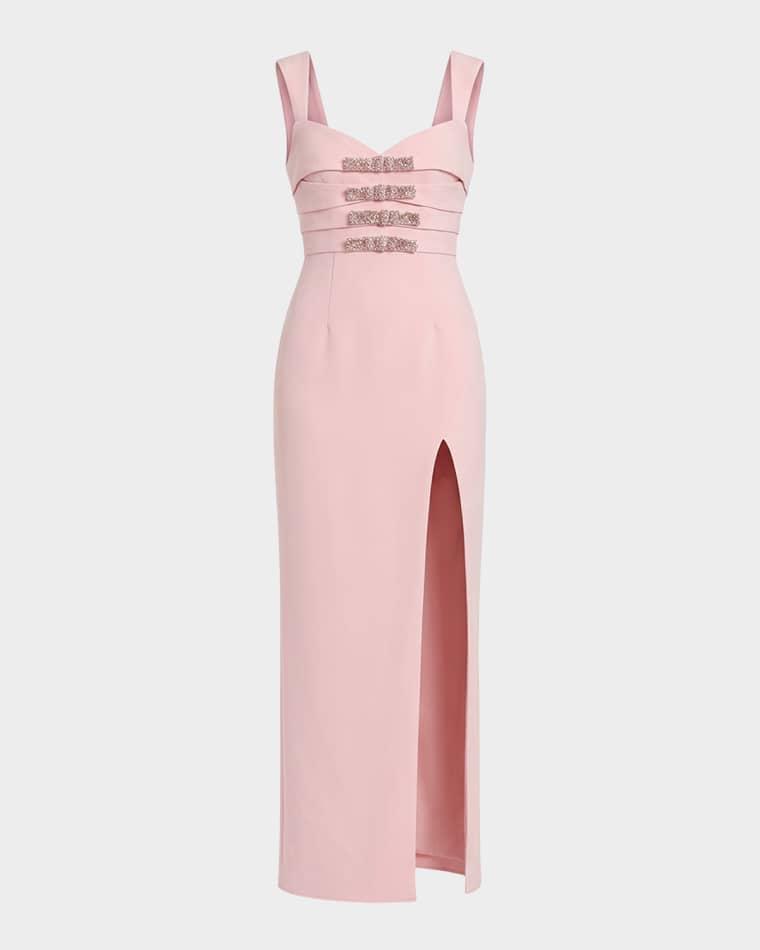 Bow-Embellished Crepe Column Gown by MAC DUGGAL