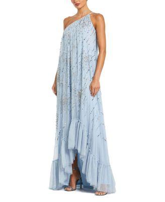 Bow Embellished Mesh One Shoulder High Low Gown by MAC DUGGAL
