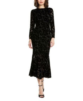 Burnout Velvet Long Sleeve Ruffle Hem Midi Dress by MAC DUGGAL