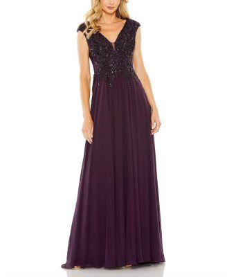 Cap Sleeve Flowy Applique Gown by MAC DUGGAL