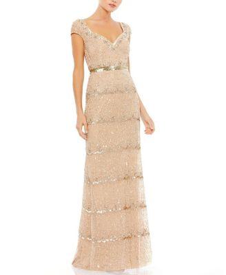 Cap Sleeve Sweetheart Neckline Beaded Sequin Column Gown by MAC DUGGAL