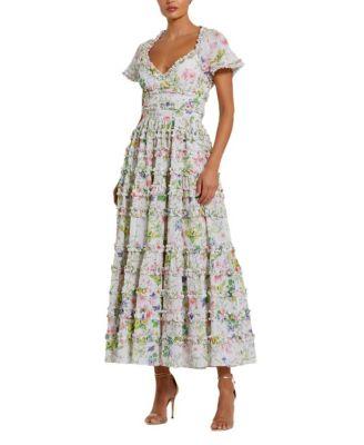 Cap Sleeve V Neck Open Back Floral Cotton Dress by MAC DUGGAL